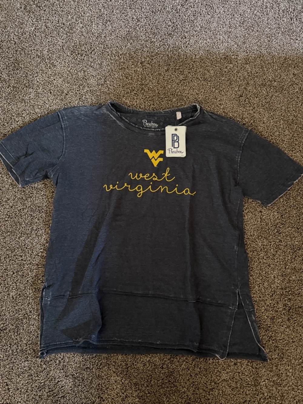 Pressbox Navy Womens West Virginia Script Tee with Gold Logo
